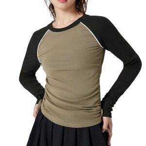 Cider Casual Athleisure Raglan Sleeve Patchy Long Sleeve Top 2XL Camel Black
